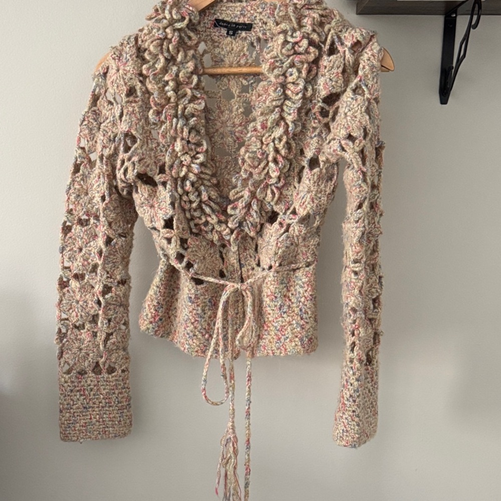 Hand-Knit Textured Tie-Waist Sweater Cardigan - Multicolor Cream